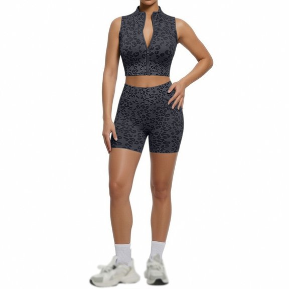 BODOAO Workout Sets for Women, 2 Piece Leopard Print High Neck Zip Front Sleeveless Crop Tank Top and High Waisted Biker Shorts, Stretchy Breathable Activewear Outfit Black L