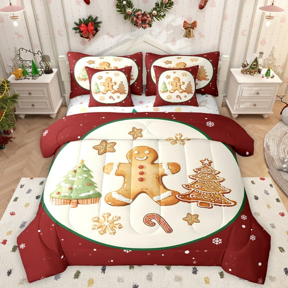 Homewish Xmas Tree Cookie 7-Piece Twin Bedding Sets,Merry Christmas Bedding Comforter Set,Kawaii Gingerbread Man Sheet Sets For Kids,Breathable Home Decor Reversible