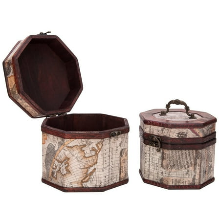 Wooden Keepsake Jewelry Box Vintage Style World Map Pattern Wooden Octagon Jewelry Treasure Box Storage Organizer Trinket Keepsake Chest Set of 2 ()