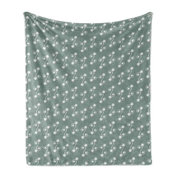 Vintage Floral Soft Flannel Fleece Throw Blanket, Tulip Flowers on Curly Branches Spiral Concept Design Feminine, Cozy Plush for Indoor and Outdoor Use, 50" x 70", Pale Sage Green White, by Ambesonne
