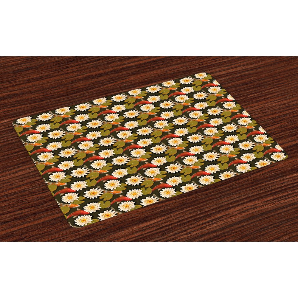 Asian Placemats Set of 4 Japanese Carp Koi Fish with Lotus Flowers East