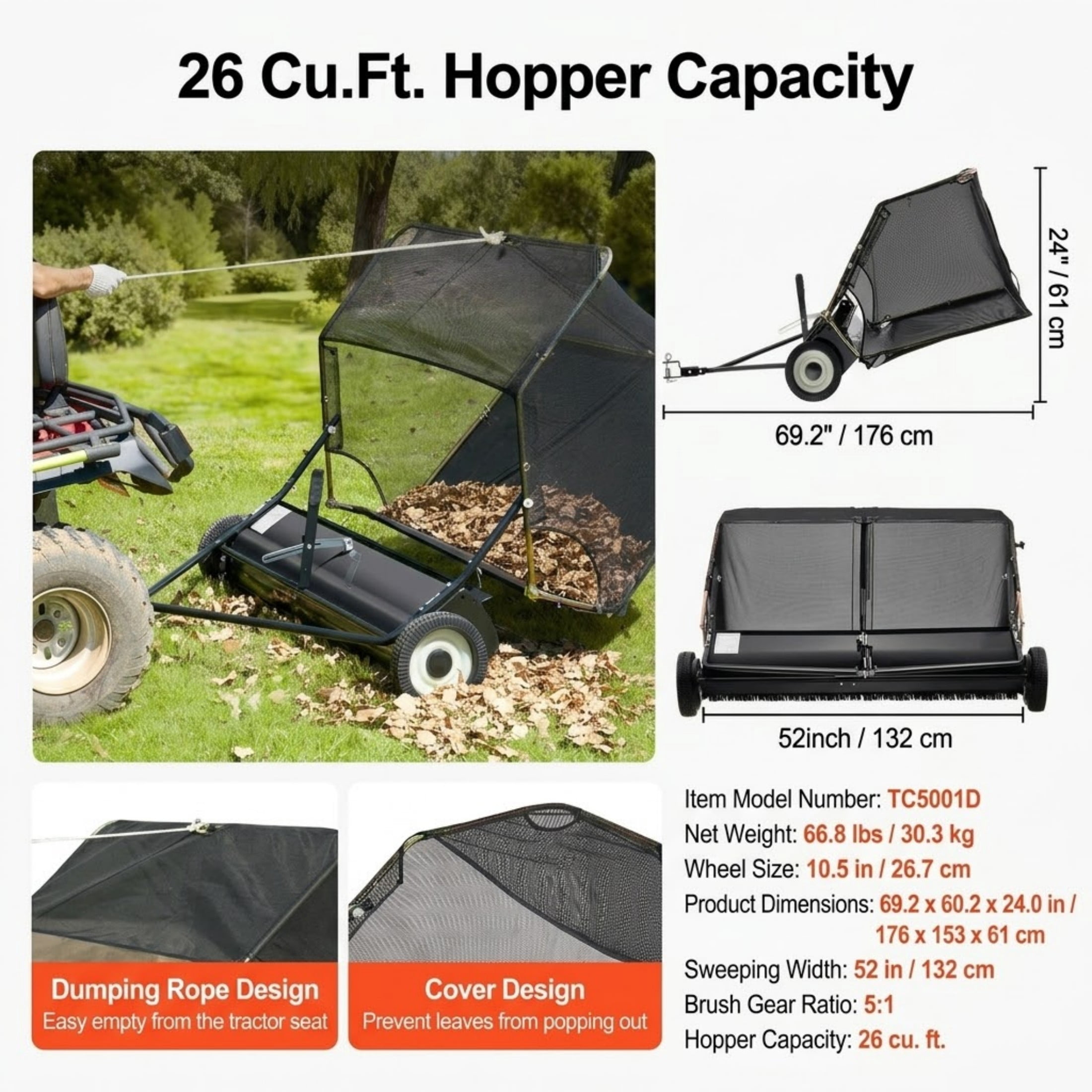 52-Inch Tow Behind Lawn Sweeper, 26 cu.ft. Large Capacity Yard Sweeper with Adjustable Height and Dumping Rope, Heavy Duty Leaf & Grass Collector
