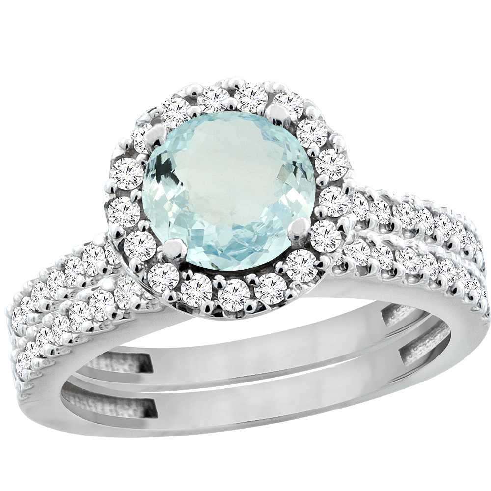 14K White Gold Natural Aquamarine Round 6mm 2-Piece Engagement Ring Set Floating Halo Diamond, size 6 by Gabriella Gold