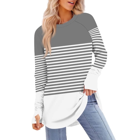 UTSJKR Long Sleeve Striped Shirts for Women Plus Size Fall Crew Neck Thumb Hole Tunic Tops Oversized Blouse Dressy Casual Gray M