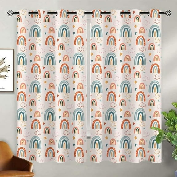 Boho Rainbow Blackout Curtains For Baby Girls Kids Home Decor, Lovely Cloud Modern Cute Stars Grommet Thermal Drapes Darkening Window Curtain For Bedroom Living Room 26"W x 45"L (Pack of 2)