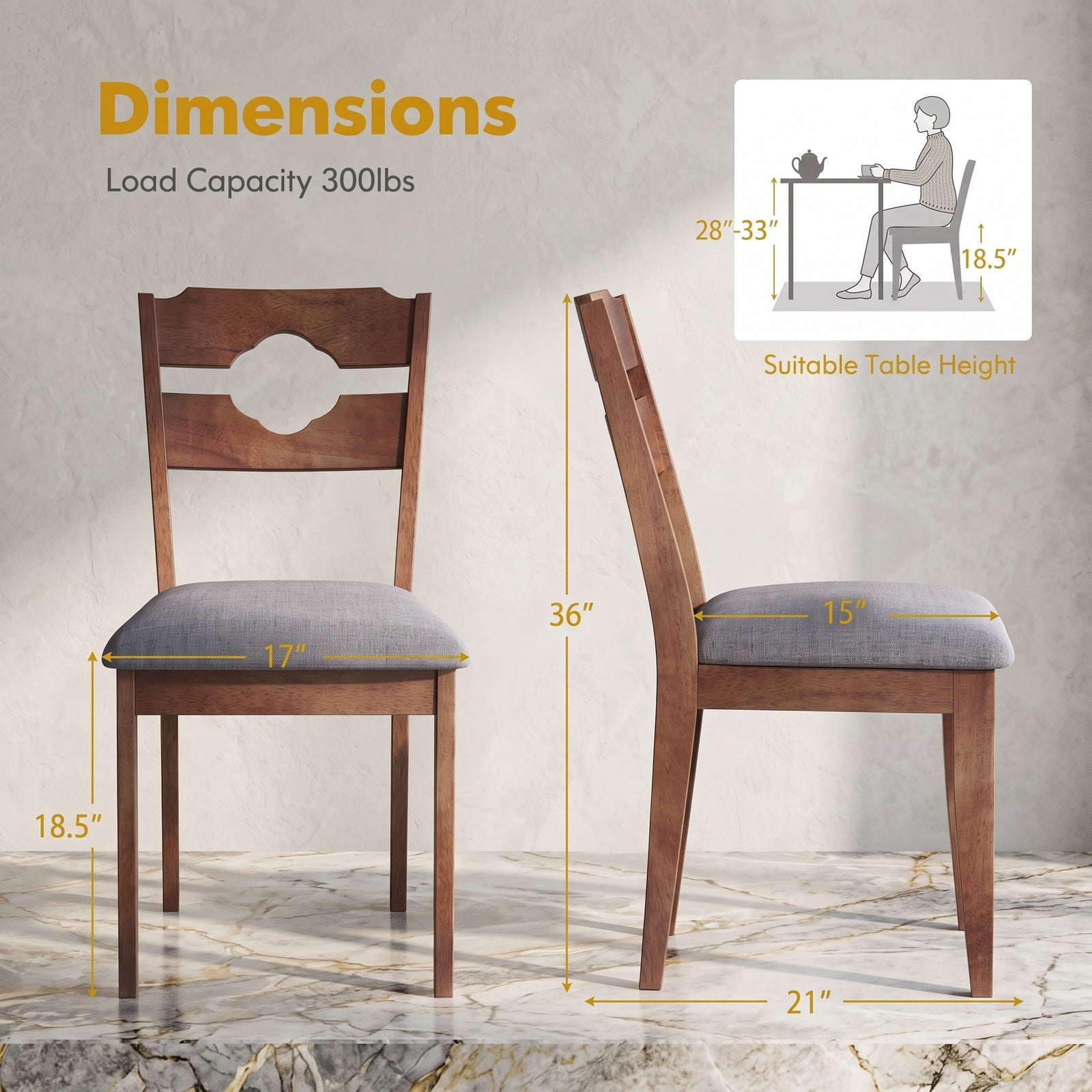 Furnibear Dining Chair Set of 2, Fabric Upholstered Kitchen Chairs with Padded Seat, High Curved Backrest and Solid Rubber Wood Legs for Dining Room, Brown and Gray