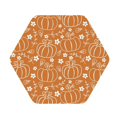

Pofeuu Hand-drawn Pumpkin with Flowers Print Leather Coasters Set of 6 Round Cups Mugs Mat Pad for Home Kitchen Heat Resistant Drink Coasters Hexagon