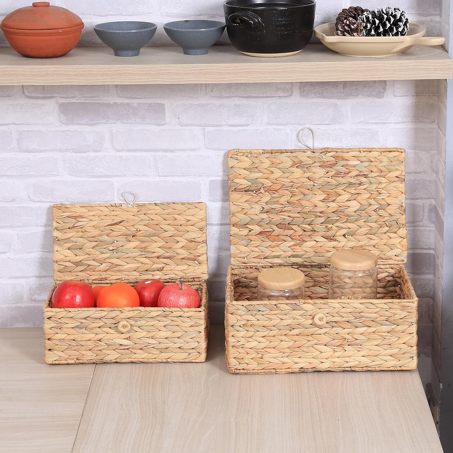 Set of 3 Large Woven Storage Baskets with Lids, Rectangular Rattan Decorative Boxes for Home Organization
