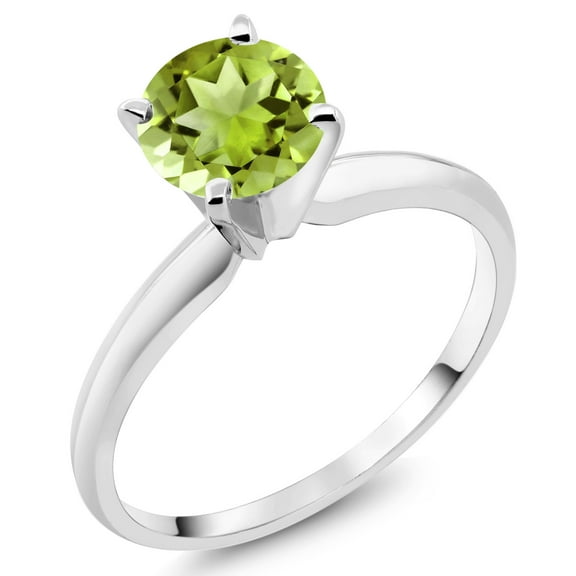 Gem Stone King 14K White Gold Green Peridot Solitaire Engagement 4-Prong Ring for Women | 1.00 Cttw | Round 6MM | Gemstone August Birthstone (Size 5)