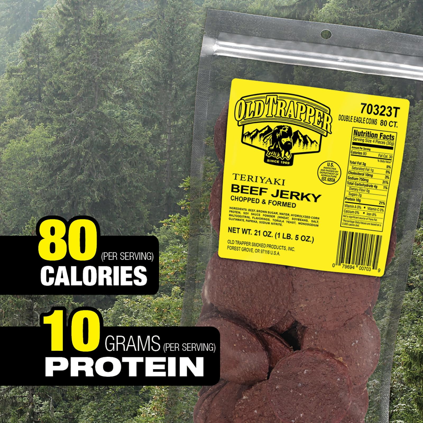 Old Trapper Double Eagle MFF30 Beef Jerky, Teriyaki Flavor, 21-Ounce Package, Natural Wood Smoked Meat Snacks, 10 Grams of Protein and 80 Calories per Serving (Pack of One)