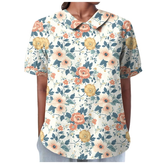 TOWMUS Floral Summer Tops Blouses Women's Summer Lapel Print Cotton and Linen Top Shirts for Women Linen Ladies Blouses White