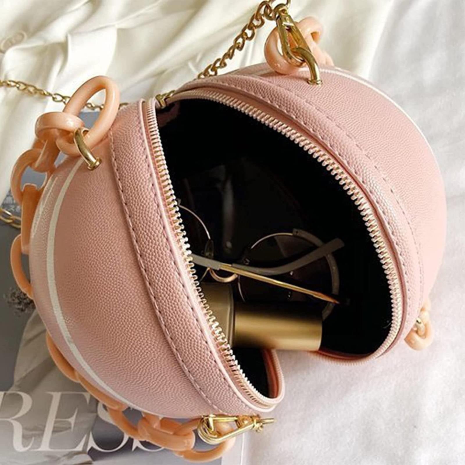 Faraee Basketball Shaped Cross Body Bag Leather Round Handbag Messenger Shoulder Purse with Chain Strap