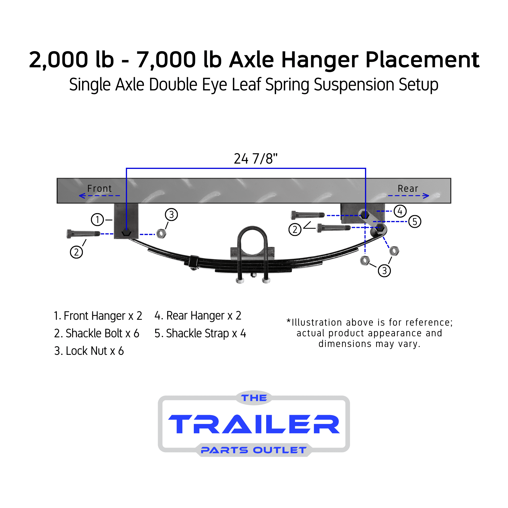 2000 lb Light Duty Single Trailer Axle Kit with Suspension - Leaf Springs, Hanger & U-Bolt Kit (71" Hubface - 58" Spring Center, 5x4.5 Bolt Pattern)