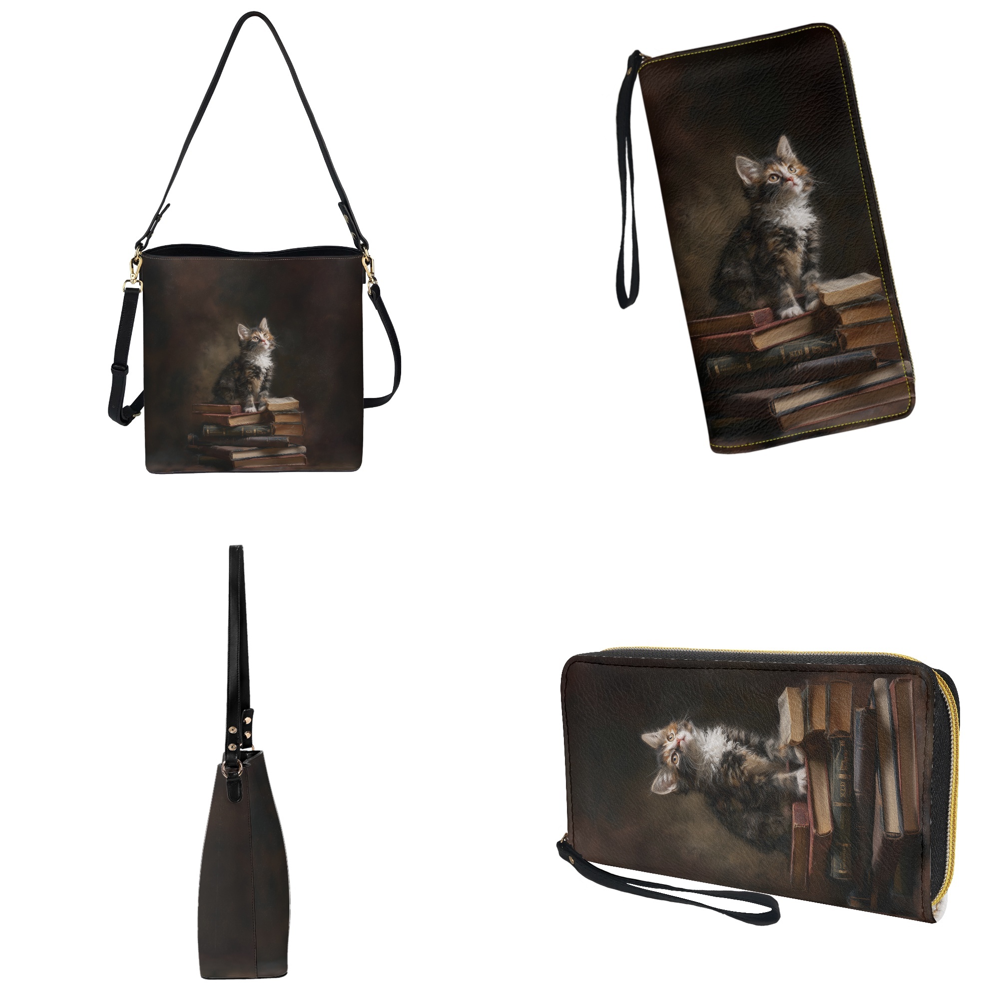 ZUXONGSY Cat Book Print Bucket Purse and Wallet Set for Women Lady Fashion Bucket Bag Tote Purse Set Lightweight Crossbody Hobo Bag with Wallet Set for Daily Use