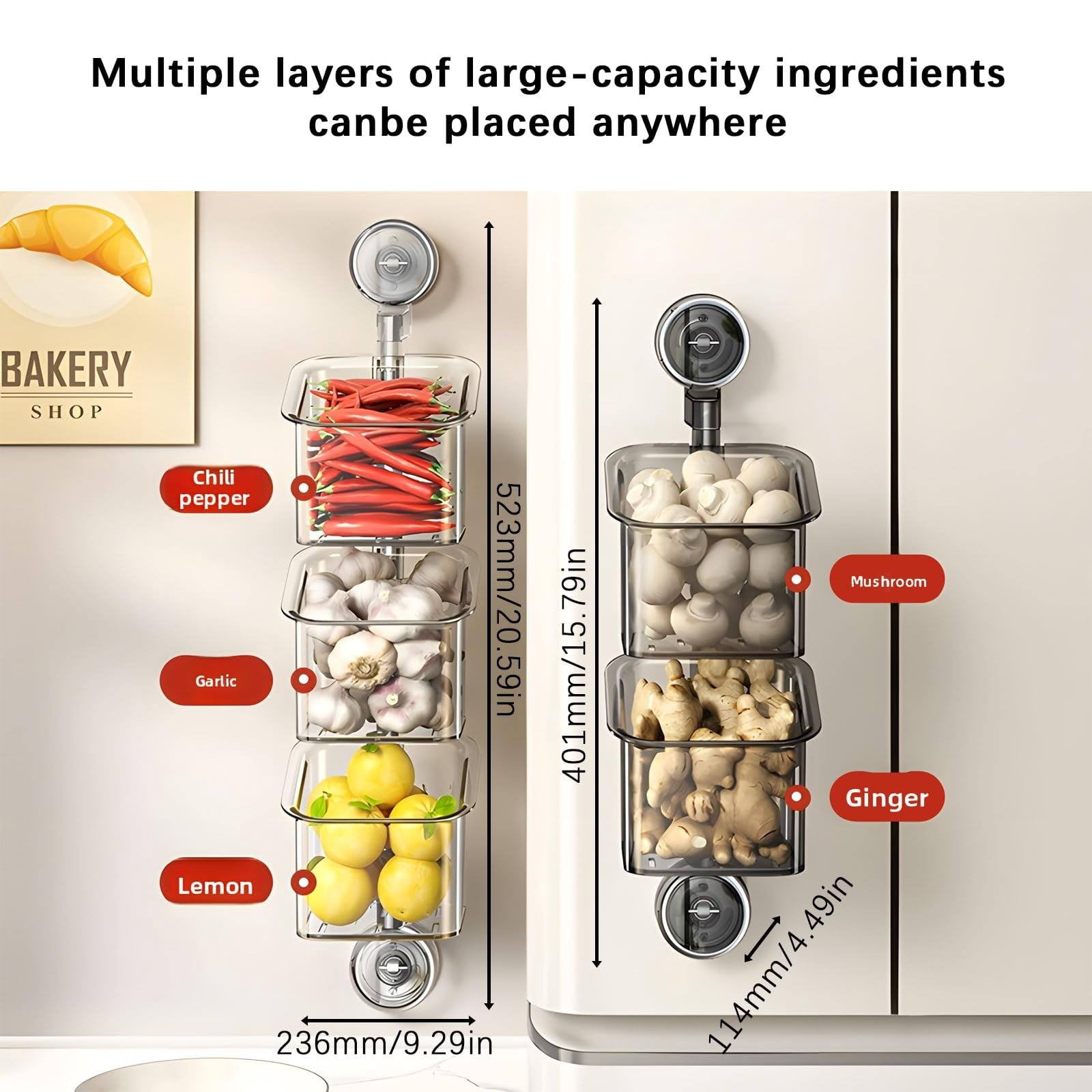 Rotating Kitchen Organizer with Suction Cup, 3-Tier Moveable Shelf for Refrigerator or Wall, No Drill Installation - Transparent Gray