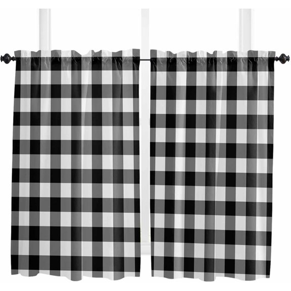Brown White Plaid Kitchen Curtain 39 Inch Length Small Short Cafe Tiers Curtains Drape, Gradient Geometric Buffalo Checkered Window Treatment Rod Pocket Drapery Panels Curtains, 27.5x39