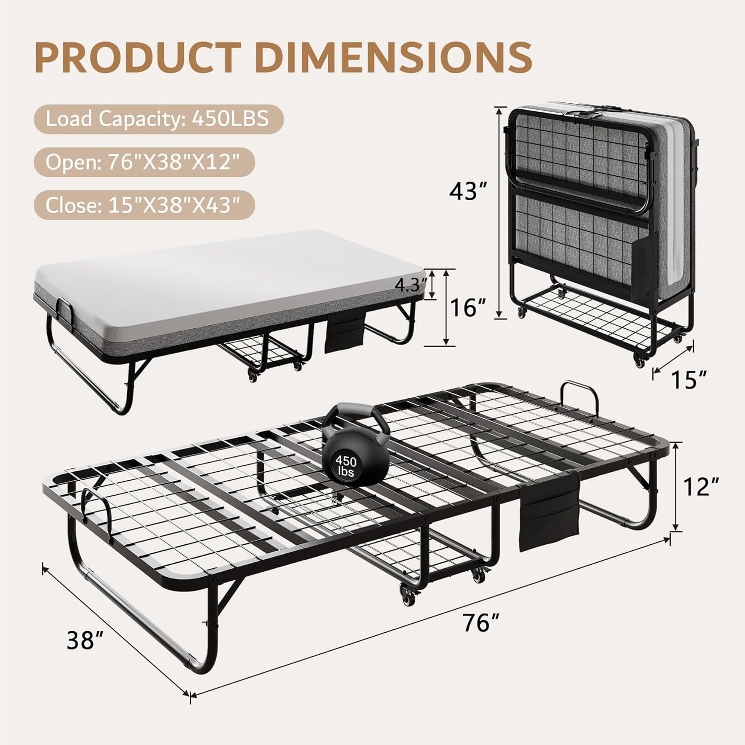 iPormis Folding Bed with Mattress, 76x38 Twin Size with Storage Shelf & Side Pocket, Portable Roll Away Adult Beds for Guests, Portable Bed with Lockable Wheels-Sturdy Metal Frame , Space Saving