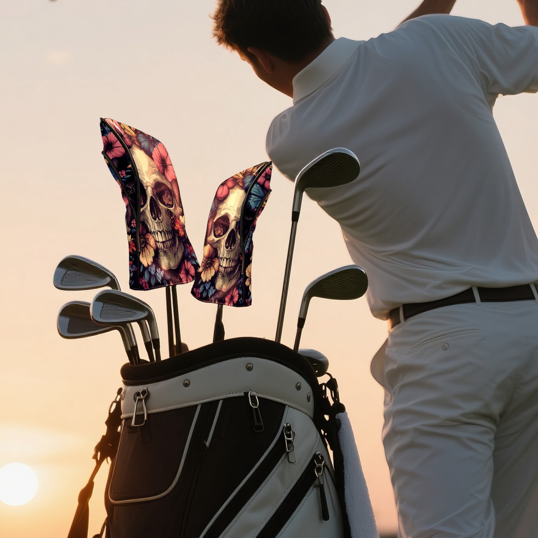 Golf Club Covers PU Leather Waterproof Head Covers for Fairway Woods Hybrids Skull With Butterflies and Flowers