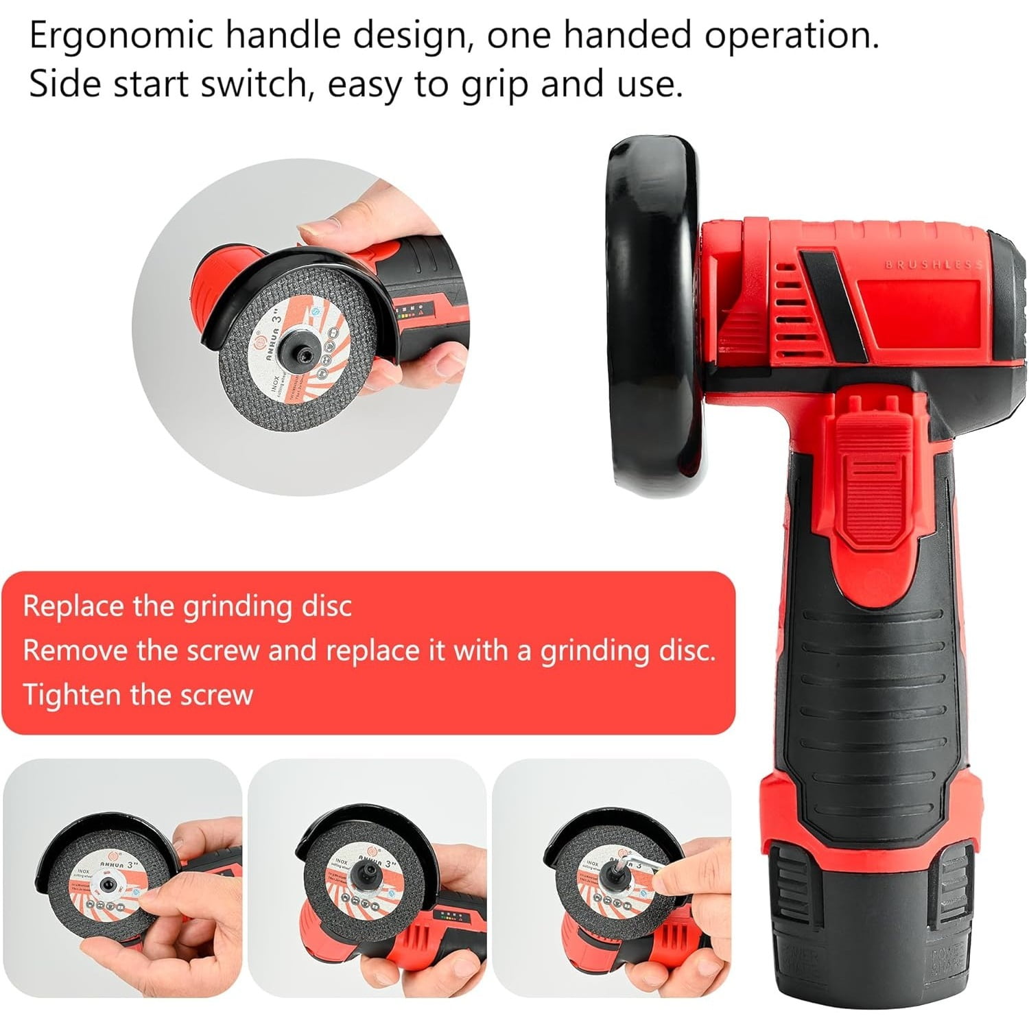 LithiCraft  3 Inch Brushless Angle Grinder Tool, Brushless Motor  12V Cordless Portable Angle Grinder with 2pcs 1500mAh Battery, 19500rpm Handheld Cutter for Polishing Ceramic Tile Wood Stone Steel