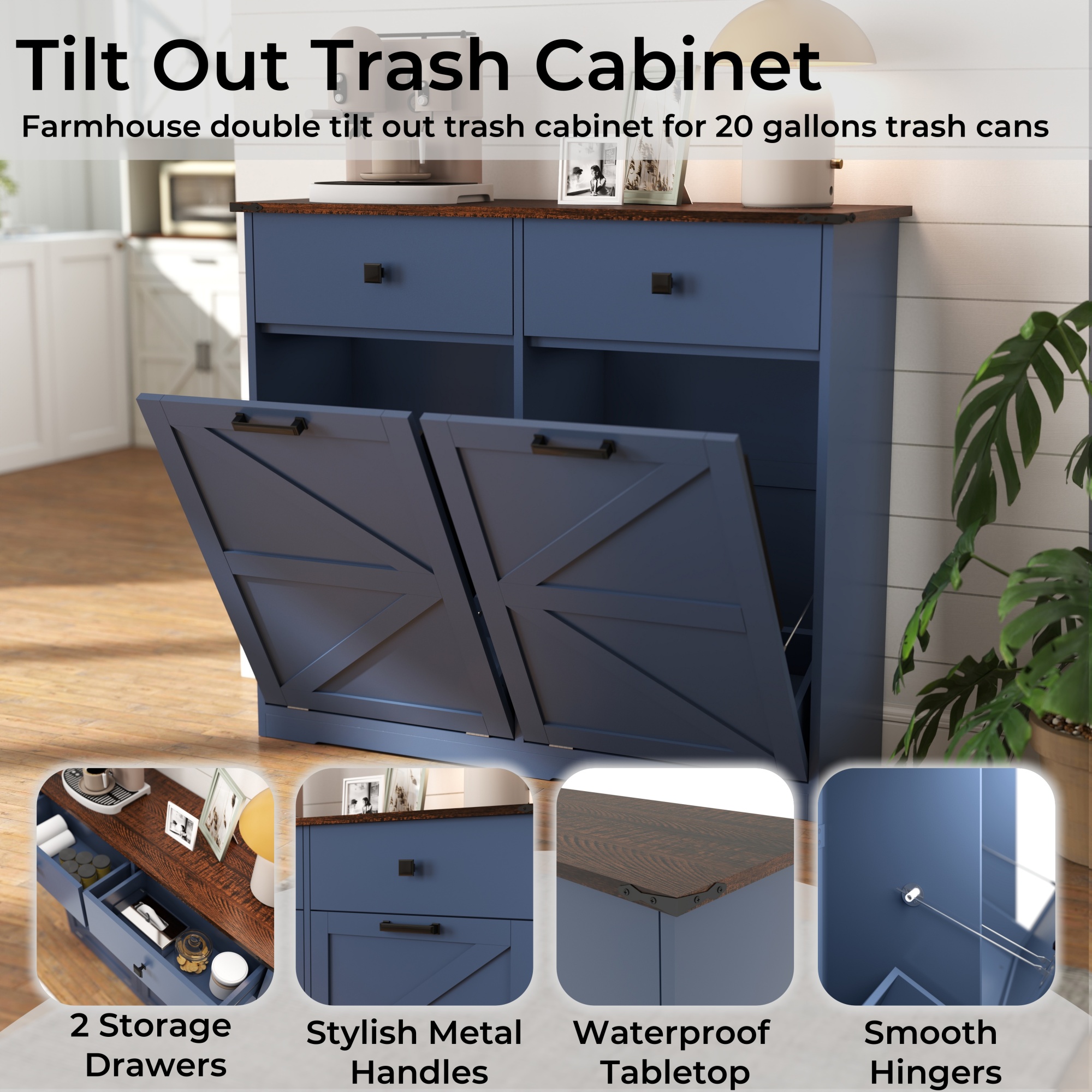 Leumius 20 Gallon Farmhouse Double Tilt Out Trash Cabinet, Free Standing Recycling Cabinet with Hideaway Drawer, Barn Door Style Laundry Sorter Cabinet, Tilt Out Trash Cabinet for Kitchen Blue