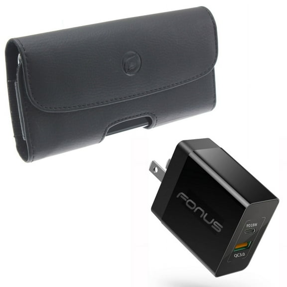 Case Belt Clip & Fast Home Charger for iPhone 15 Pro - Leather Holster Cover Pouch and 36W 2-Port USB Type-C Port Travel Q1P for iPhone 15 Pro (6.1")