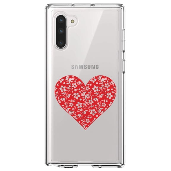 DistinctInk Clear Shockproof Hybrid Case for Samsung Galaxy Note 10 (6.3" Screen) - TPU Bumper Acrylic Back Tempered Glass Screen Protector - Red Floral Heart Clear