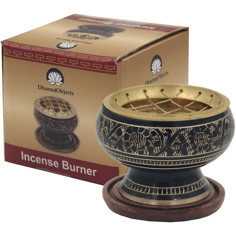 Decorated Brass Charcoal Screen Incense Burner with Wooden Coaster 3