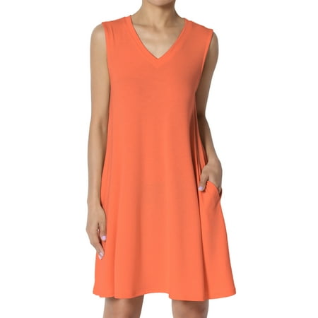 Pink Dress Coat - TheMogan Women's S~3X Sleeveless V-Neck Pocket Swing Flared Long Tank Top Mini Dress