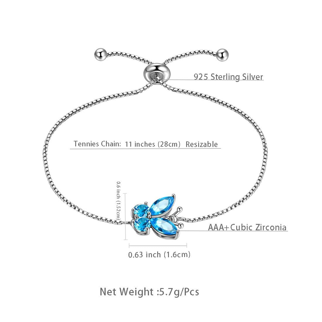March Birthstone Bracelets Blue Butterfly Bracelet Aquamarine Crystal 925 Sterling Silver Jewelry Women Birthday Xmas Mother's Day Gift