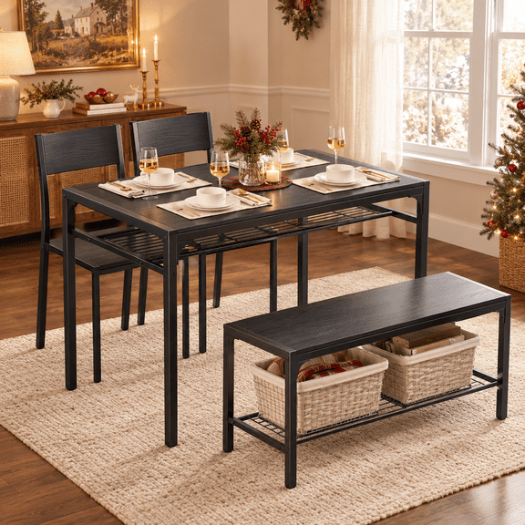 Dining Table Set for 4, Gizoon 4-Piece Kitchen Table and Chairs Set with Storage Rack, Black Modern Dining Room Set for Small Spaces