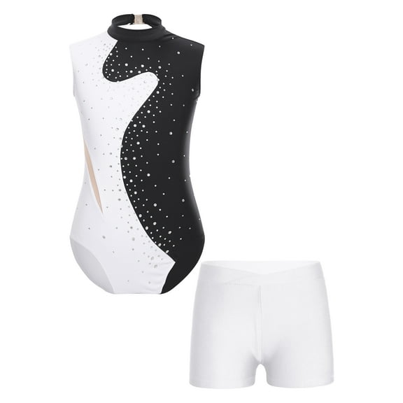 Miutii Kids Girls Sparkly Gymnastics Dance Leotard Bodysuit Unitard with Tumbling Athletic Shorts Set Black&White 10