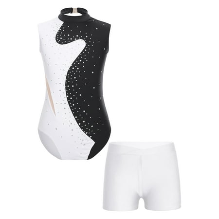 Doomiva Kids Girls Sparkly Sleeveless Gymnastics Dance Leotard Bodysuit Unitard with Tumbling Athletic Shorts Set Black&White 8