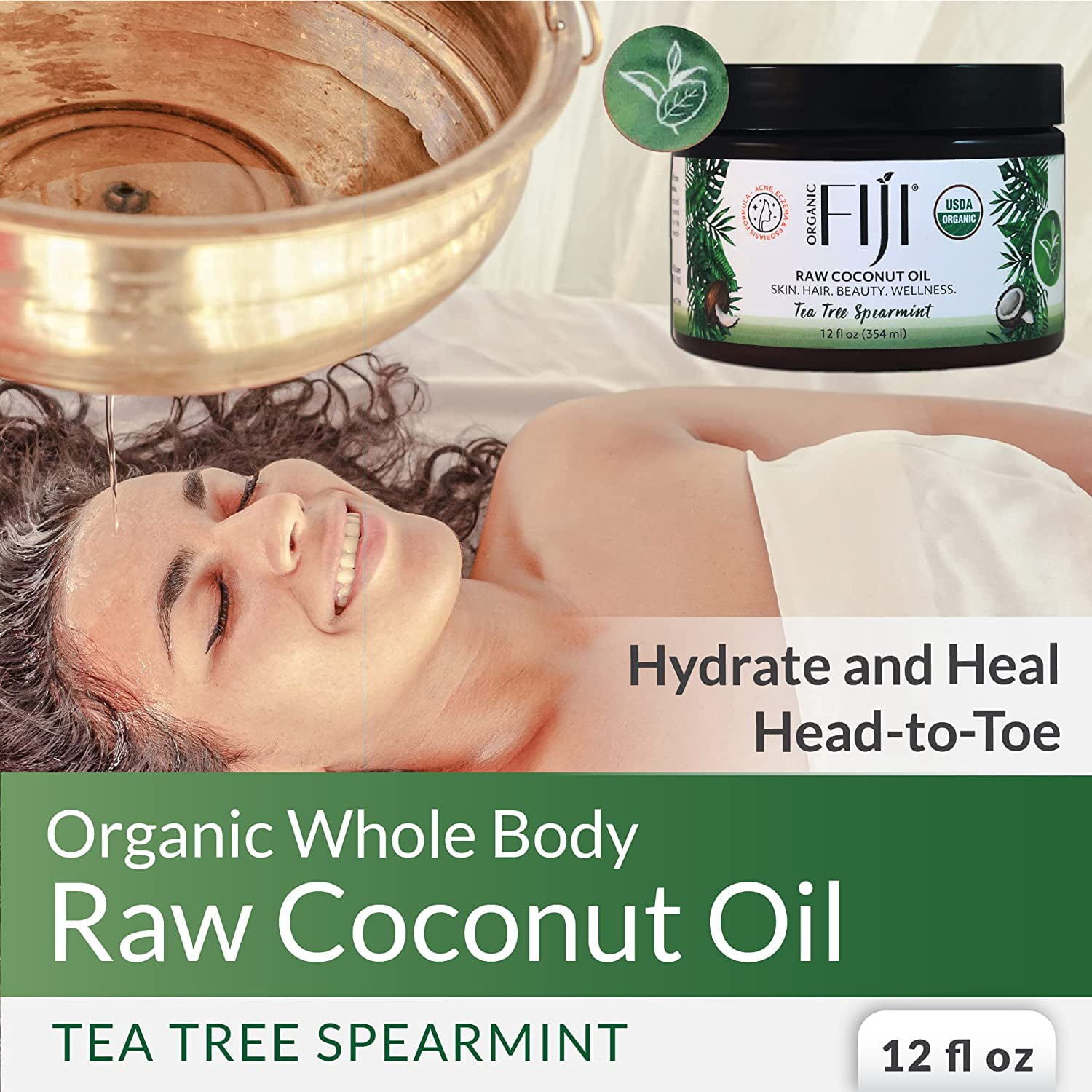 Raw Cold Pressed Coconut Oil for Hair, Skin, Face & Body | Relaxing Massage Oil | Tea Tree Spearmint,12 oz for Women Men & Baby