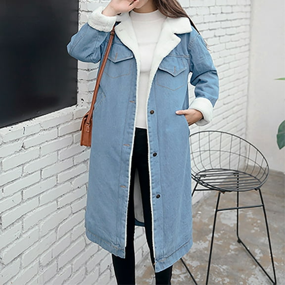 Denim Jacket for Women Lapel Pocket Velvet Denim Jacket Long Sleeves Casual Loose Long Denim Outerwear,Womens Coats Plus Size Light Blue XXL