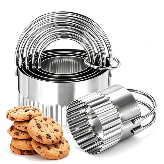 5 Piece Round Biscuit Cutters Set, Stainless Steel Circle Cookie Cutter with Fluted Edge and Handle, Professional Baking Dough Tools for Pastry, Scone, Donut