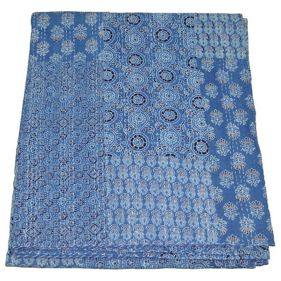 Indian Handmade Queen Cotton Kantha Quilt Throw Blanket Bedspread Patchwork Ajrakh Print Blue Color Hand Block Print Kantha Quilt