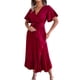 thumbnail image 4 of VISgogo Vestido casual para mujer, cuello en V, manga corta, plisado, dobladillo grande, color sólido, vestido largo con cinturón VISgogo moda, 4 of 7