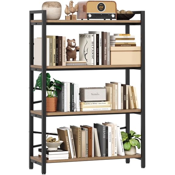 4 Tier Bookshelf 31.49" Width, Tall Book Shelf Storage and Organization, Wooden and Metal Industrial Bookcase, Large Book Shelves for Home Living Room Bedroom Office Storage(Light Coffee)