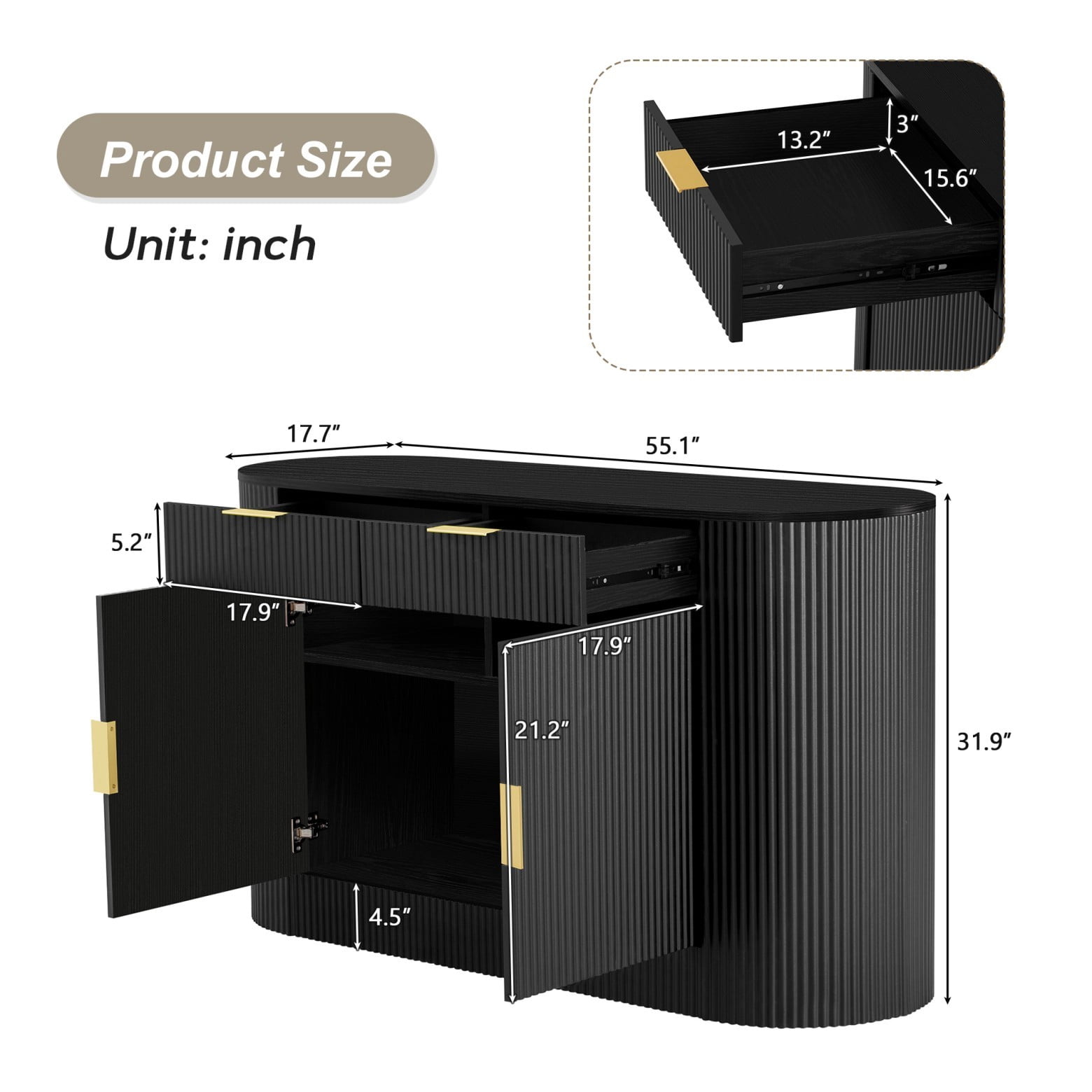55.1" Storage Cabinet with 2 Doors & 2 Drawers, Stripe MDF Sideboard with Curved Side Door & 3-Tier Shelves, Buffet Cabinet for Living Room Dining Room Bedroom, Black