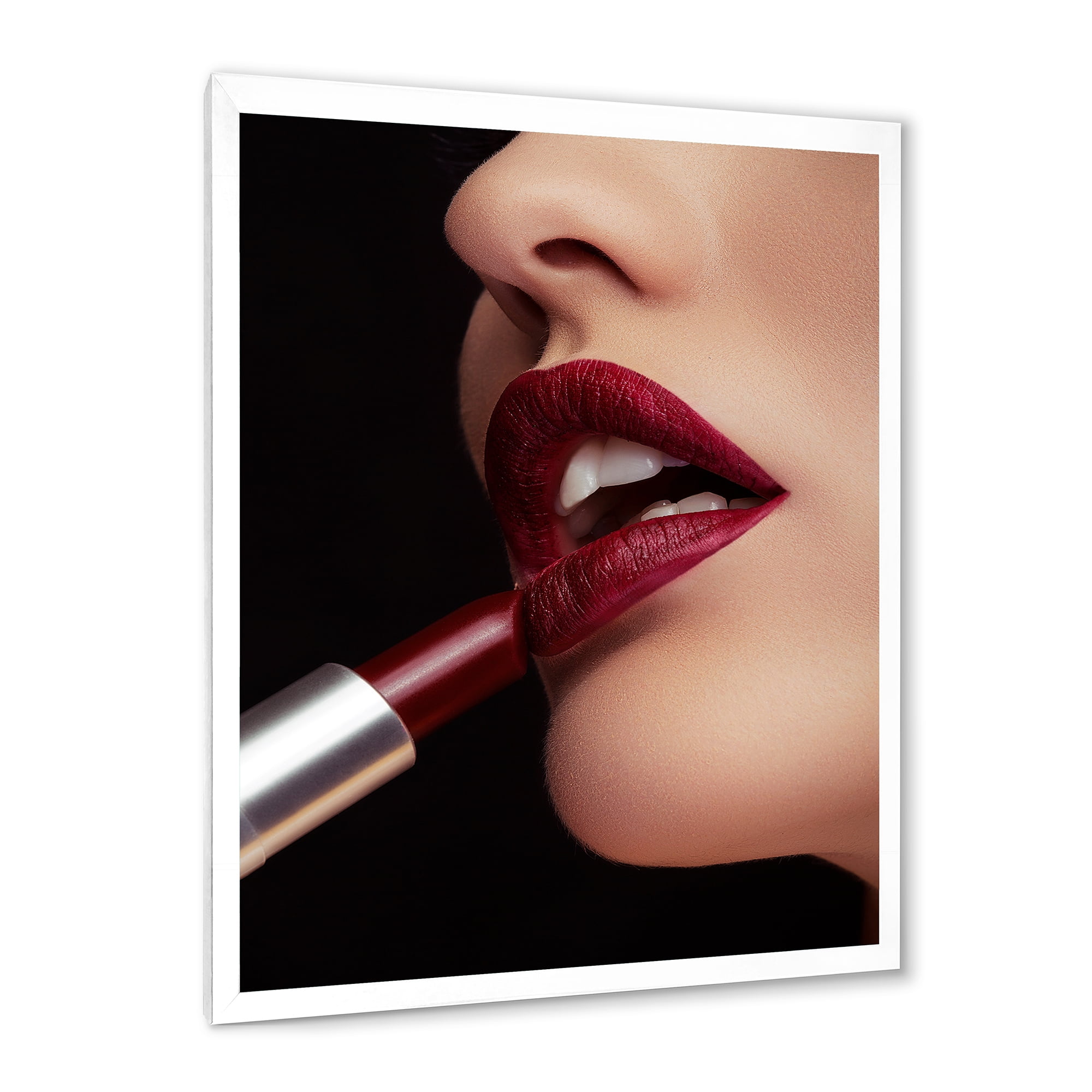 Designart 'Woman Applying Red Lipstick On Lips I' Modern Framed Art Print
