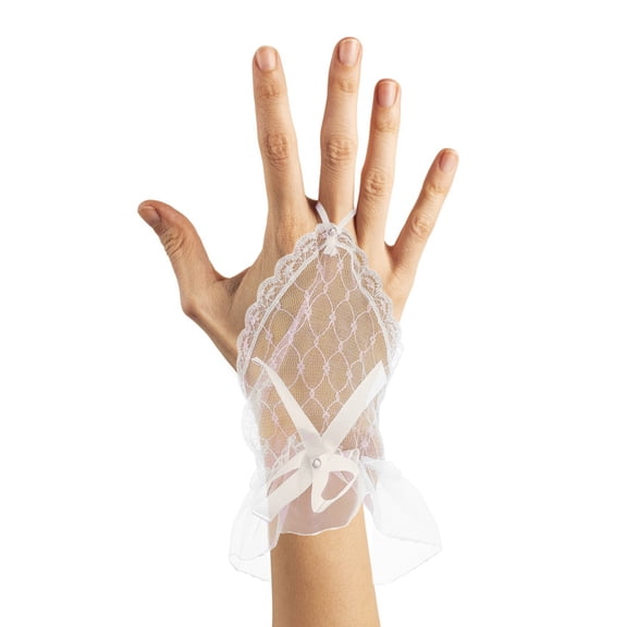 BESTYASH White Mesh Lace Gloves with Rhinestones for Wedding and Tea Parties