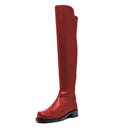 YDN Women Stretchy Pull On Round Toe Flats Knee High Boots Bi-Material Low Block Heel Long Boots Office Formal Shoes Size 4 Red