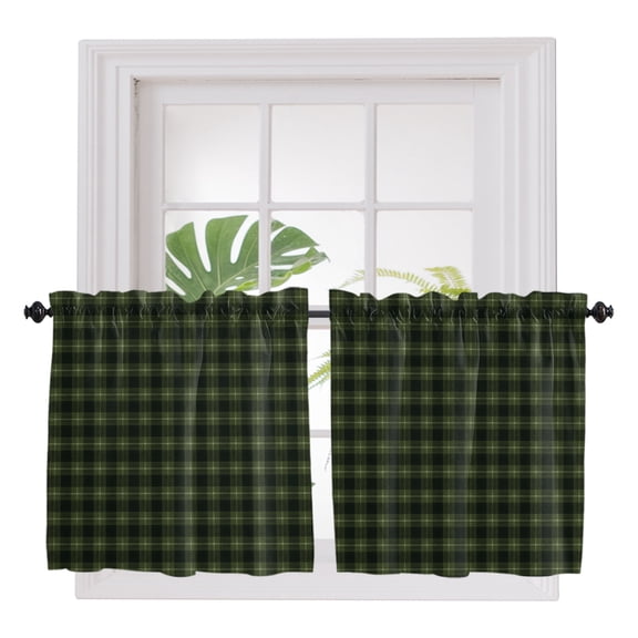 Green Black Buffalo Plaid 2 Panel Kitchen Curtains for Small Windows, Geometric Classic Checkered Bathroom Tier Curtain, Short Window Treatment for Bedroom/Living Room 55"x24"