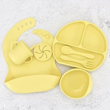 

QWZNDZGR 7PCS/Set Baby Soft Silicone Sucker Bowl Plate Cup Bibs Spoon Fork Sets BPA Free Baby Feeding Dishes Non-slip Tableware