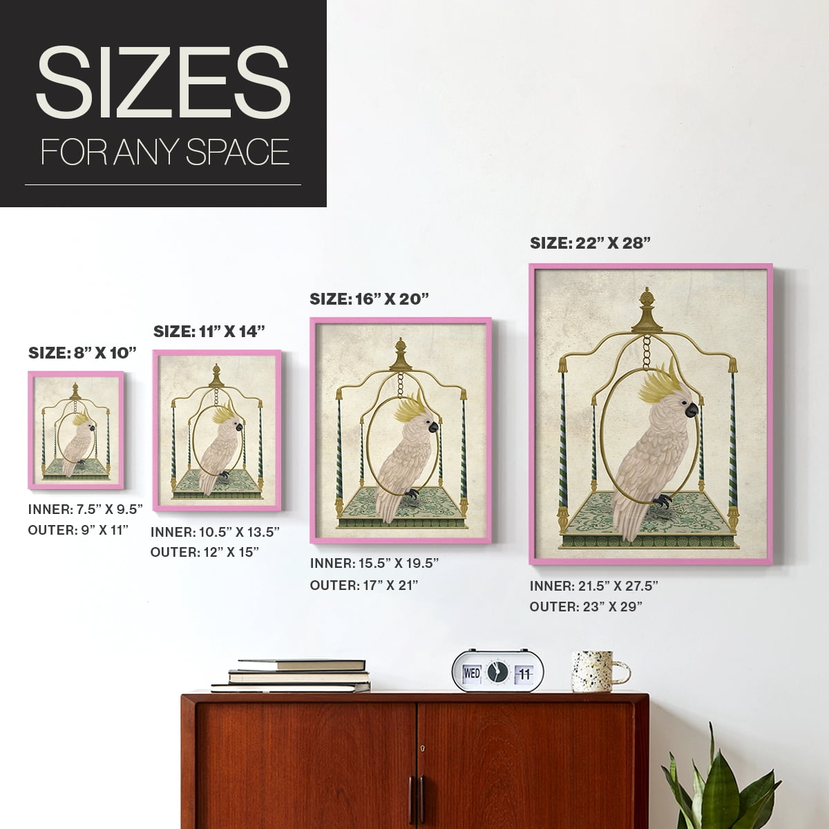 White Cockatoo on Swing Framed Print in Pink Solid Wood 11 x 14 Framed Print