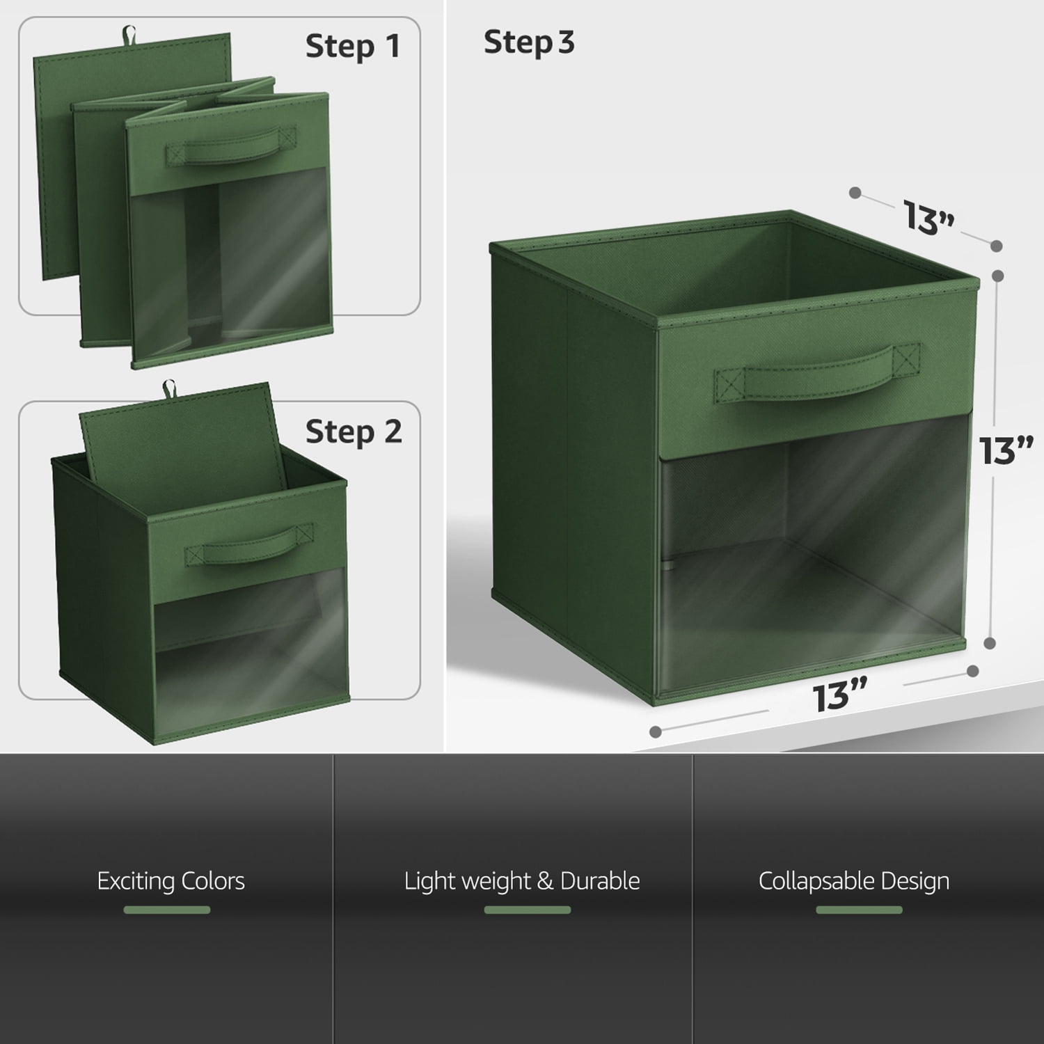 Sorbus 13” Foldable Storage Bins with Clear Window – Set of 6 Collapsible Fabric Baskets with Handles for Clothes, Toys, Books – Sturdy Organizer Cubes for Shelves & Closets, Dark Green