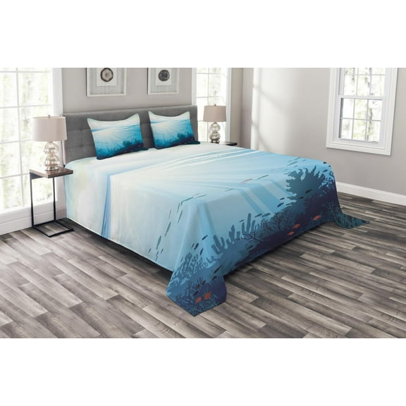 Ambesonne Ocean Quilted Bedspread Set 3 Pcs, Fish Aquarium Coral Reefs, Queen Size, Teal Turquoise and Blue