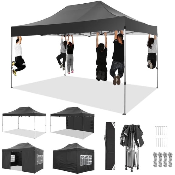 SANOPY 10x15 Heavy Duty Pop up Canopy Tent with 4 Sidewalls,Outdoor Waterproof Canopy Tent Event Shelter for Parties, Commercial-Series, Black
