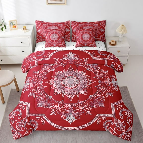 Manfei Female Men Red White Mandala 7-Piece Twin Bedding Sets,Bohemian Theme Bedding Comforter Set,Exotic Style Breathable Sheet Sets,Microfiber Bedroom Decor,Reversible