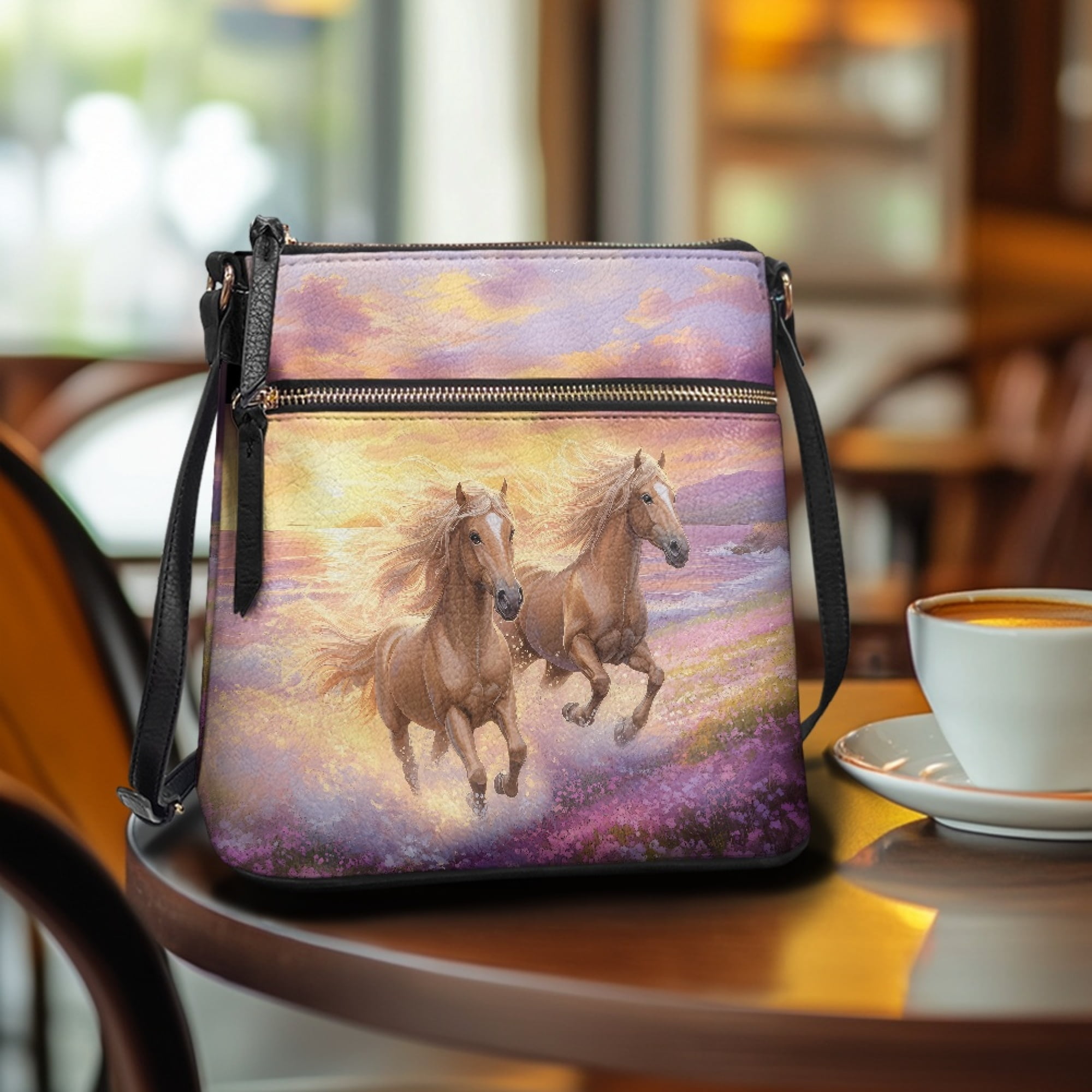 Kuiaobaty Horse Sunset Flower Print Crossbody Bag for Women, Trendy Portable Leather Satchel Purse Crossbody, Multi Pockets Messenger Handbag with Adjustable Strap for Travel
